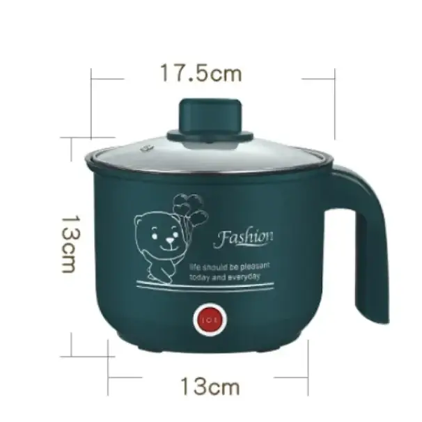 Dark teal electric rice cooker with a glass lid, featuring a cartoon bear design and the word ’fashion’ printed on its side.
