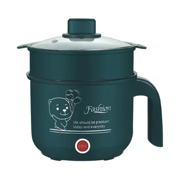 Dark green electric rice cooker with a glass lid, featuring a cartoon bear design and the word ’fashion’ printed on its side.