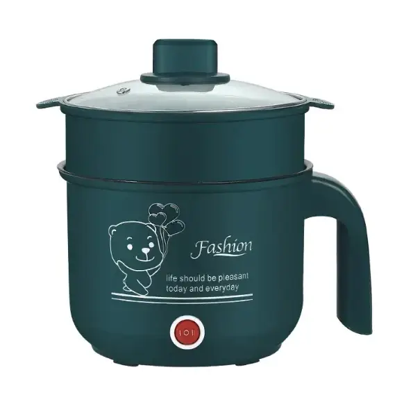 Dark green electric rice cooker with a glass lid, featuring a cartoon bear design and the word ’fashion’ printed on its side.