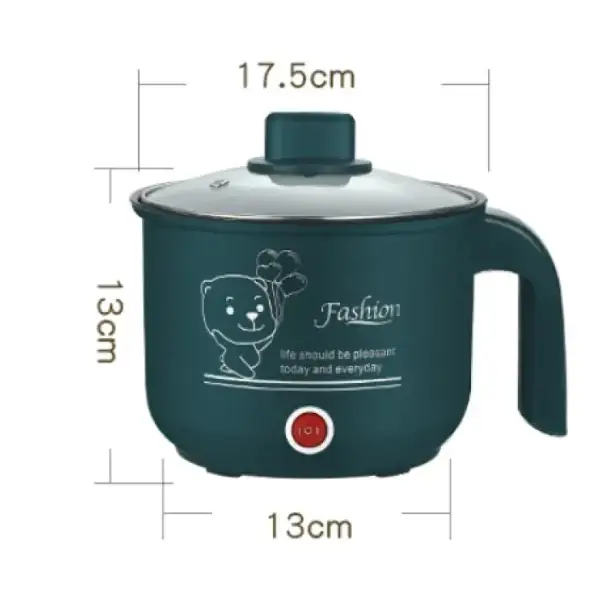 Dark green ceramic electric rice cooker with a clear glass lid, featuring a cartoon bear design and the word ’fashion’ printed on its side.