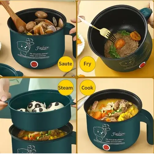 Teal electric multi-cooker with cartoon cat design and multiple cooking functions.