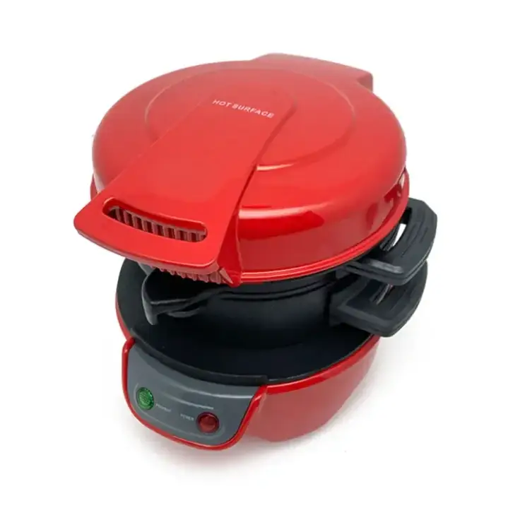 Red and black electric pancake maker with a glossy finish.