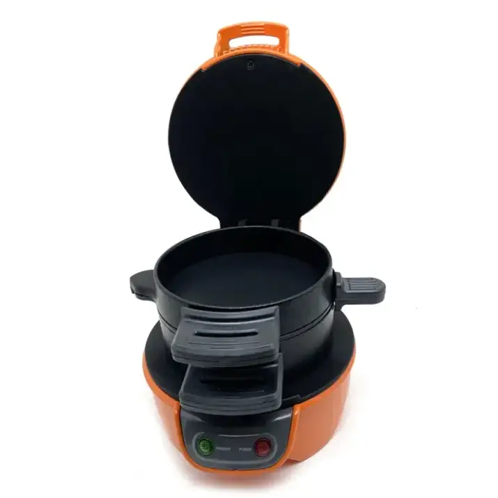 Orange and black electric sandwich maker with a handle on top and control buttons at the base.