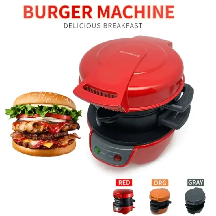 Red plastic burger maker with black accents and a green power button.