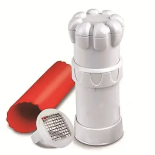 White plastic garlic press with a red silicone attachment and metal grating.