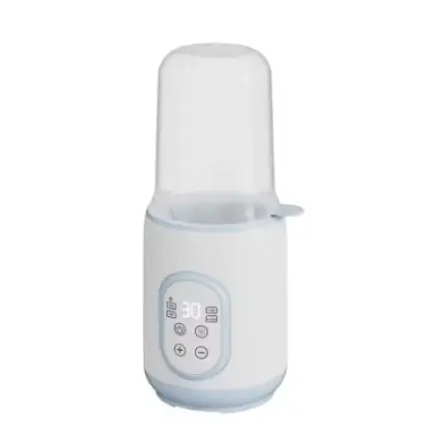 White electric baby bottle warmer with a clear plastic insert and digital control panel.
