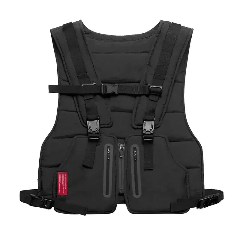 Black quilted tactical vest with adjustable straps and multiple zippered pockets.