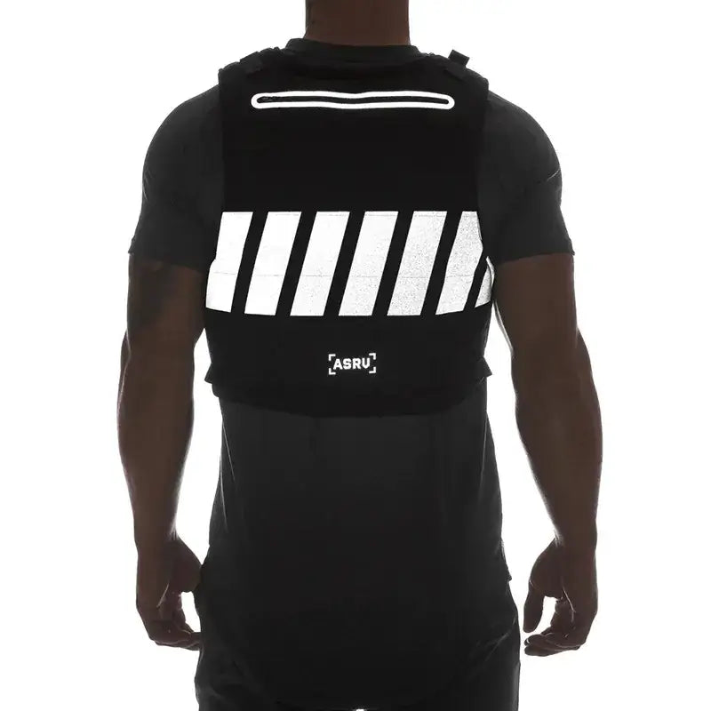Black reflective vest with white horizontal stripes and a small logo on the lower back.