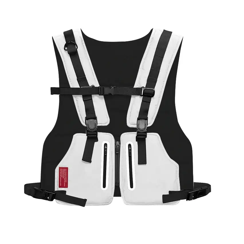 Black and white tactical vest with reflective stripes, adjustable straps, and zippered side pockets.