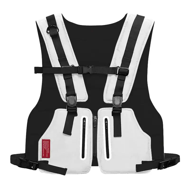 Black and white tactical vest with zippered side pockets and adjustable straps.