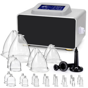 Silver and black digital vacuum suction device with clear glass cups of varying sizes.