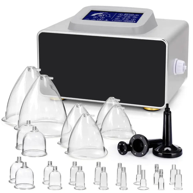 Silver and black digital vacuum suction device with clear glass cups of varying sizes.