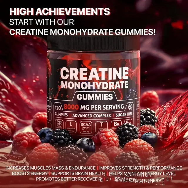 A black jar with a red and white label containing creatine monohydrate gummies, surrounded by fresh berries.