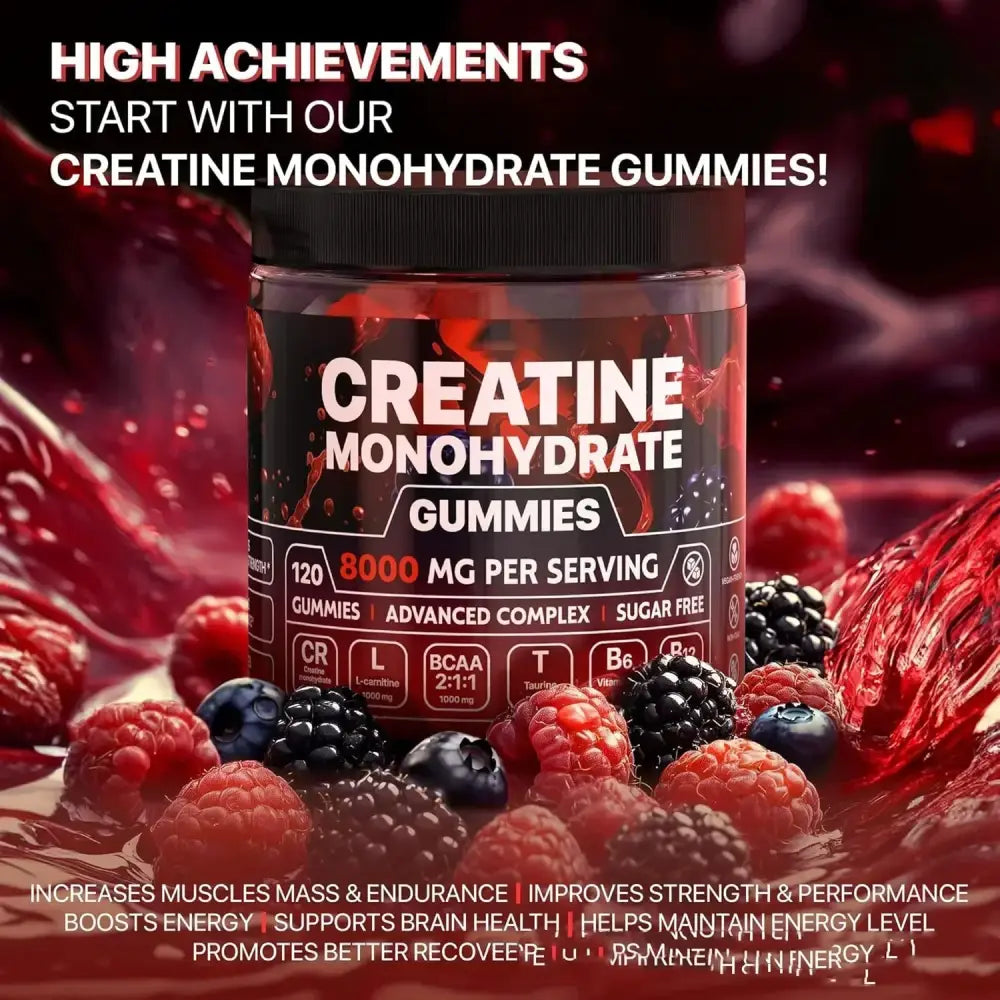 A black jar with a red and white label containing creatine monohydrate gummies, surrounded by fresh berries.