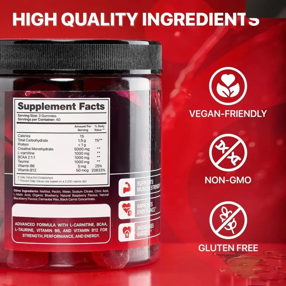 Red gummy supplement jar with black lid and label detailing ingredients like creatine, bcaa, and vitamins.