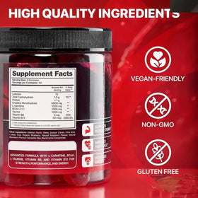 Red gummy supplement jar with black lid and label detailing ingredients like creatine, bcaa, and vitamins.