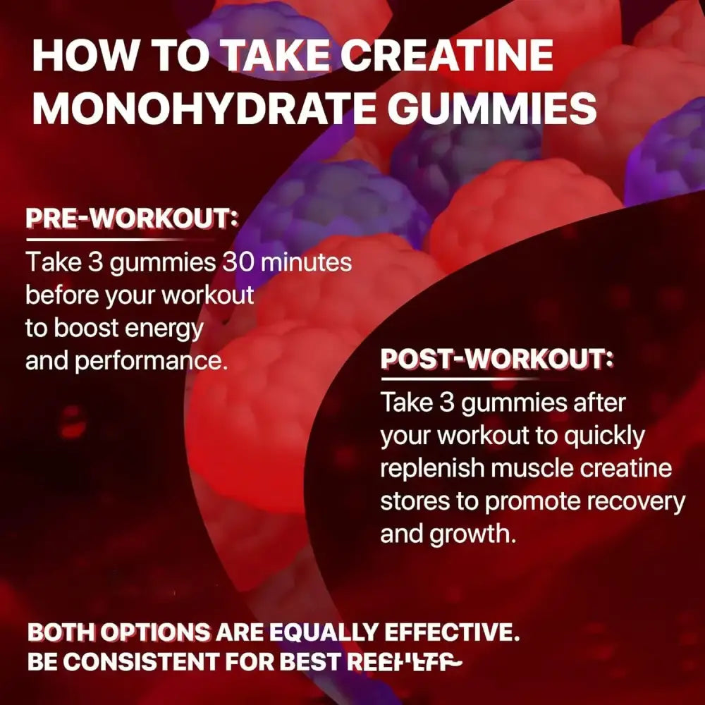 Red and purple creatine monohydrate gummies with a glossy, chewable texture.