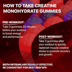 Red and purple creatine monohydrate gummies with a glossy, chewable texture.