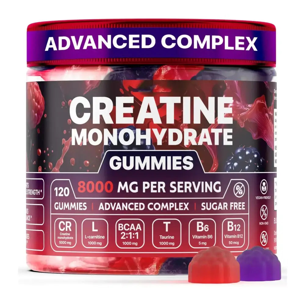 A vibrant red and purple jar of creatine monohydrate gummies with a glossy label featuring berry imagery, containing 120 sugar-free gummy supplements in an advanced complex formula.