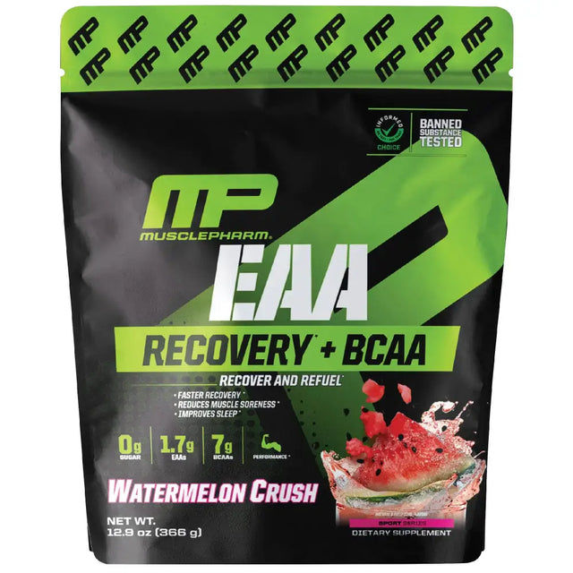 Musclepharm eaa recovery + bcaa in watermelon crush flavor, packaged in a black and neon green pouch with bold white lettering.