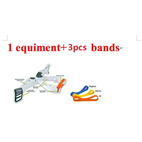 The image displays a white plastic equipment set with three colored bands—blue, yellow, and orange—for different skill levels.