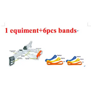 The image displays a white plastic equipment set with six colored bands—blue, yellow, and orange—for different skill levels.