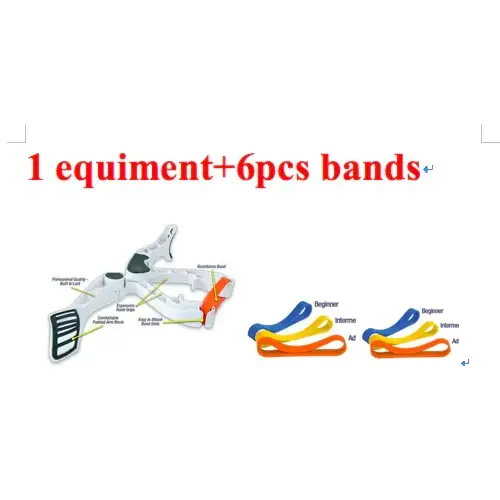 The image displays a white plastic equipment set with six colored bands—blue, yellow, and orange—for different skill levels.