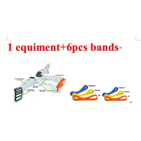The image displays a white plastic equipment set with six colored bands—blue, yellow, and orange—for different skill levels.