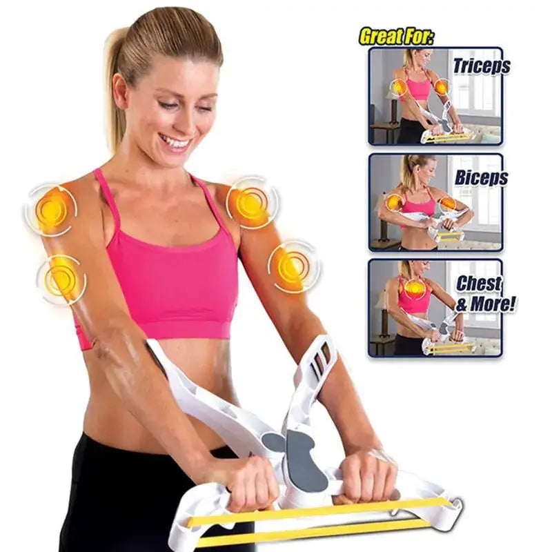 White and yellow resistance band trainer with adjustable straps for triceps, biceps, and chest workouts.