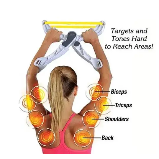 White and yellow resistance band trainer with adjustable straps for targeting biceps, triceps, shoulders, and back.
