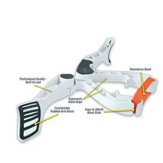 White and orange resistance band training tool with ergonomic hand grips and padded arm rests.