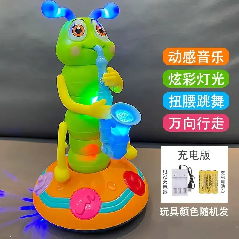 A green and yellow caterpillar toy with blue antennae, holding a glowing blue saxophone, standing on an orange base.
