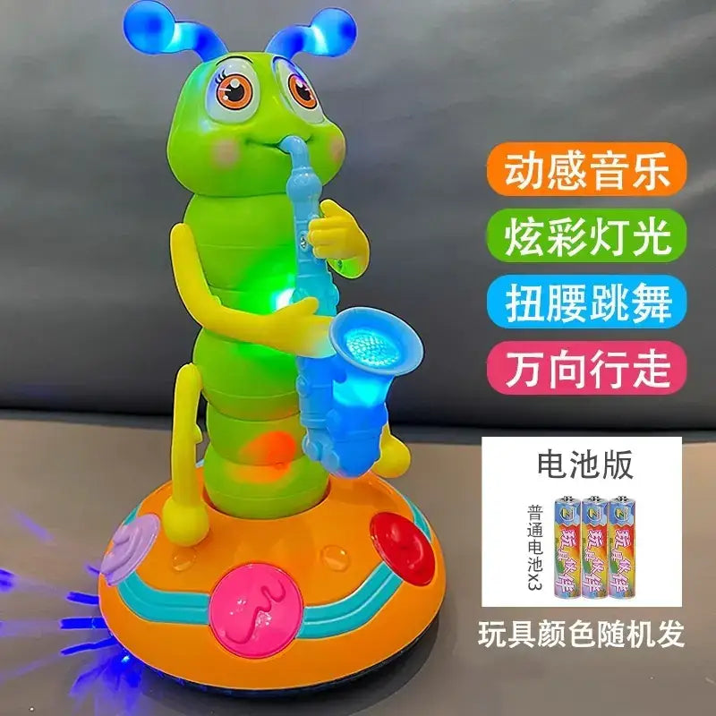 A green and yellow caterpillar toy with blue antennae, holding a glowing blue saxophone, standing on an orange base.