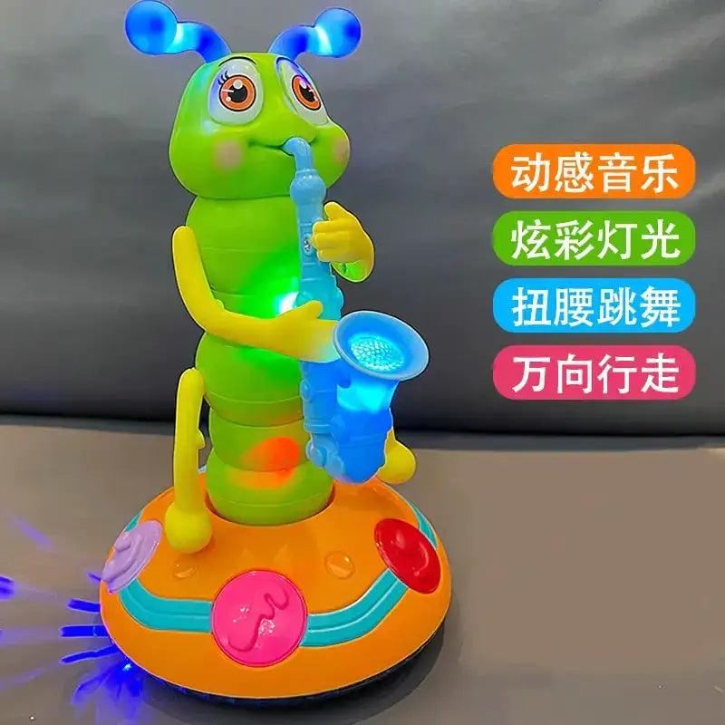 A green and yellow caterpillar toy with blue antennae, holding a glowing blue saxophone, standing on an orange circular base.