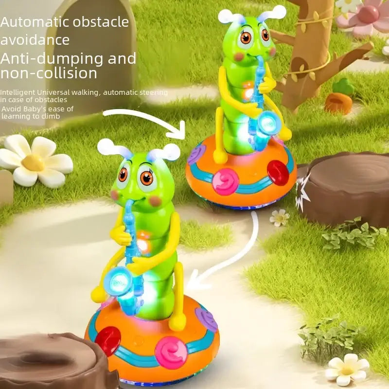 Green caterpillar-shaped robot toys with yellow limbs and blue saxophones, featuring glowing lights on their bases.