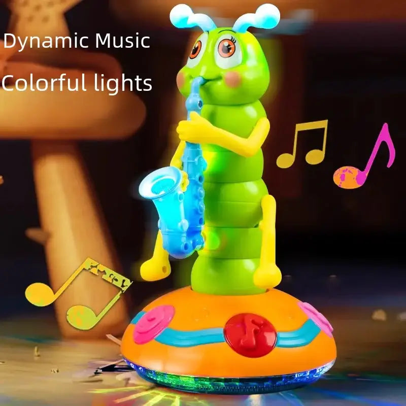A green and yellow caterpillar toy with blue antennae, holding a glowing blue saxophone on an orange base that features colorful buttons.