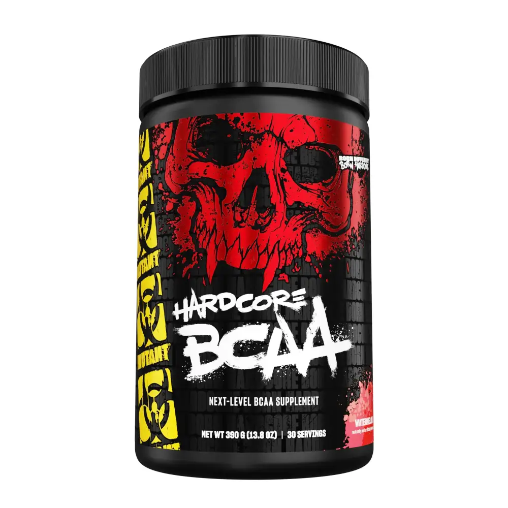 Black cylindrical container with a bold red and black skull graphic, yellow biohazard symbols on the side, labeled ’hardcore bcaa’ in white graffiti-style lettering.