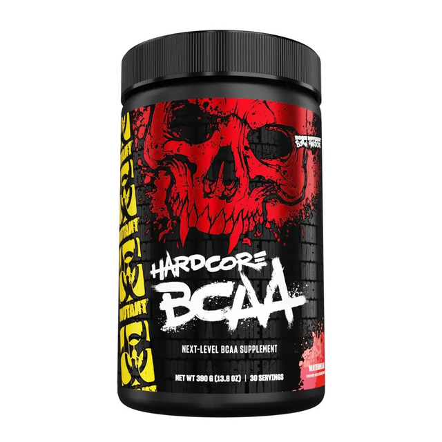Black cylindrical container with a bold red and black skull graphic, yellow biohazard symbols on the side, labeled ’hardcore bcaa’ in white graffiti-style lettering.