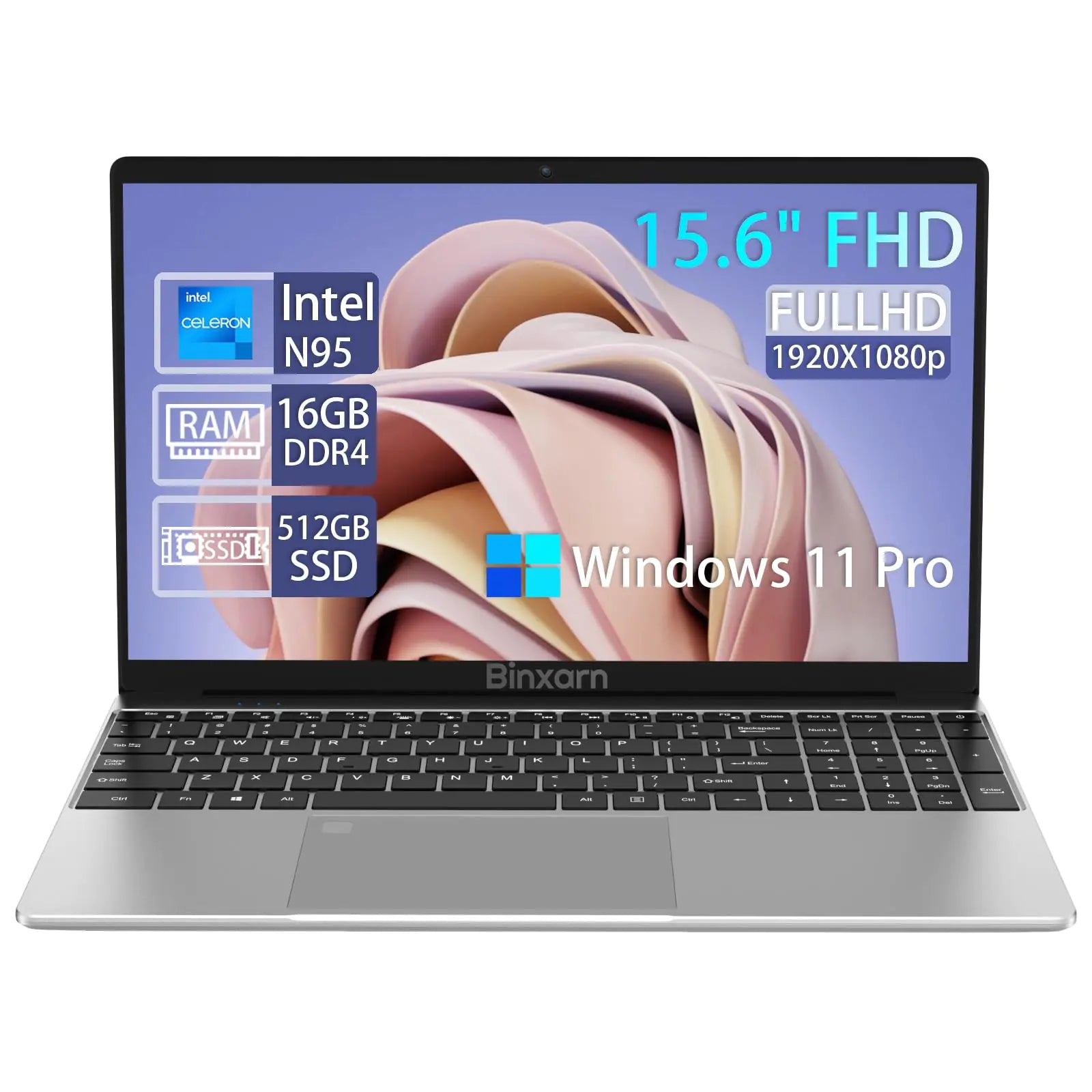 Binxarn 15.6" Laptop Computer 16GB DDR4 RAM/512GB SSD N95 Quad Core (up to 3.4 GHz) 1920x1080 FHD IPS Display Win-11 laptops Computers 2.4/5G WiFi and Bluetooth 4.2 (Space Silver)