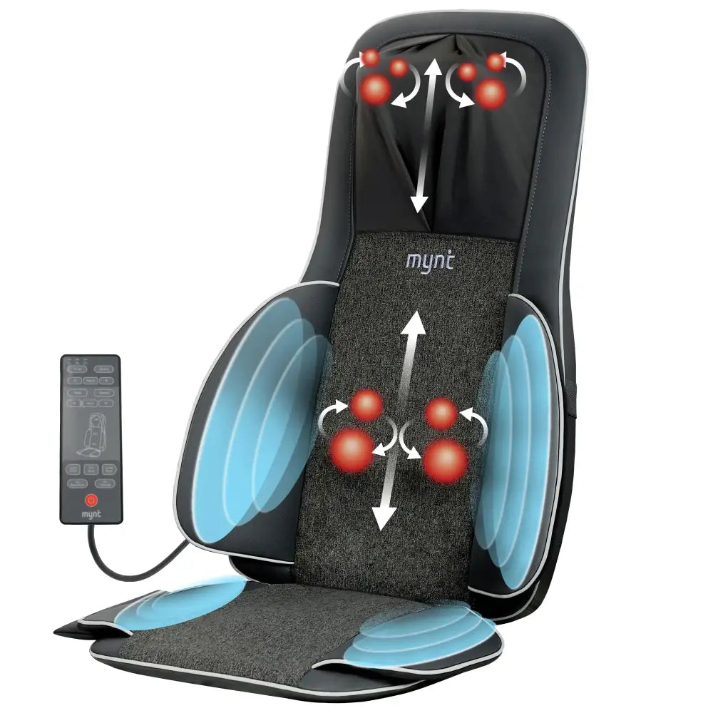 Black and gray mynt massage chair with blue circular massaging pads on the back, sides, and seat.