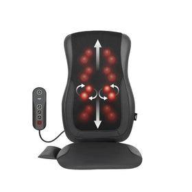 Black mesh-backed massage chair cushion with red illuminated nodes and a matching remote control.