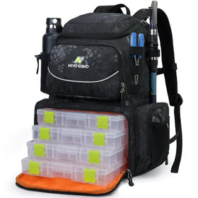 Black nevo rhino fishing backpack with camouflage pattern, featuring multiple compartments and a stack of transparent plastic tackle boxes with lime green latches.