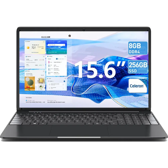 Black laptop with 15.6-inch screen, 8gb ddr4 ram, and 256gb ssd featuring a celeron processor.