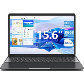 Black laptop with 15.6-inch screen, 8gb ddr4 ram, and 256gb ssd featuring a celeron processor.