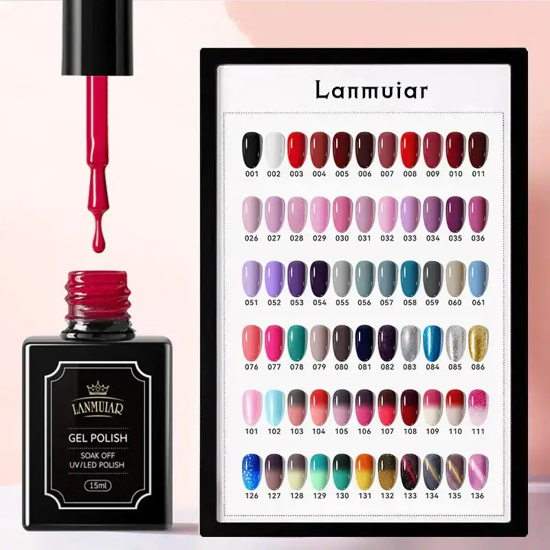 Black square bottle of lanmuiar gel nail polish with a black cap and red liquid, labeled ’15ml’ on its label.
