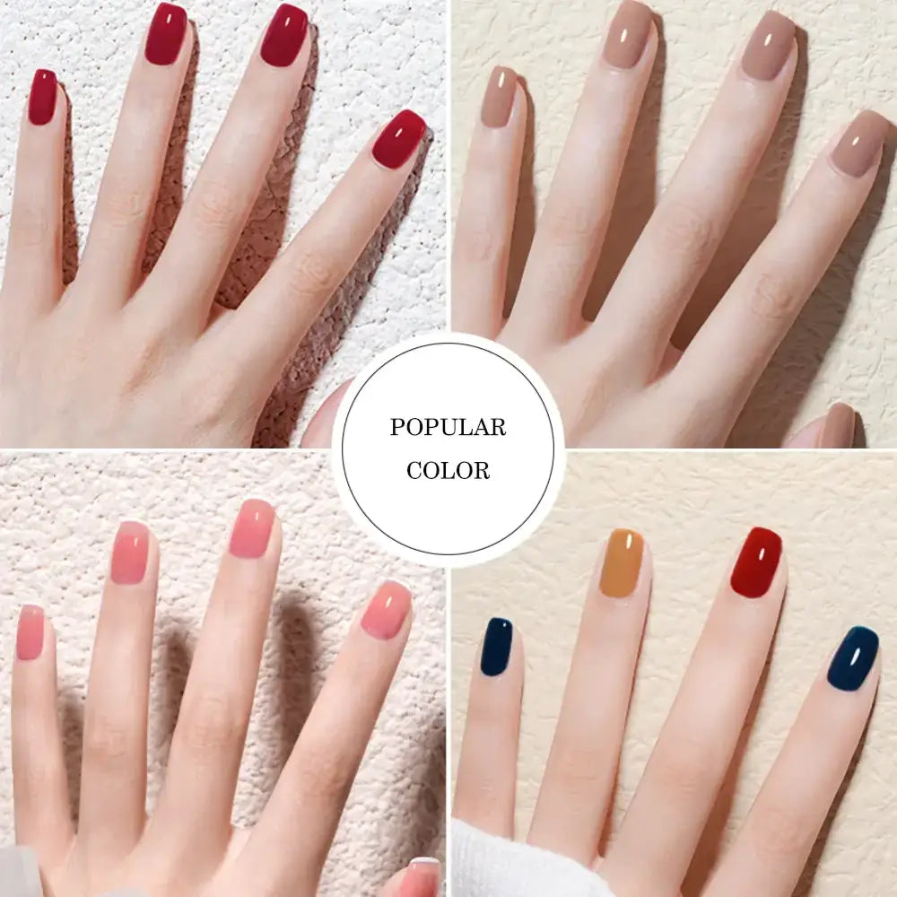 A set of four different nail polish colors displayed on hands, featuring a glossy finish in shades of deep red, nude beige, soft pink, and navy blue.