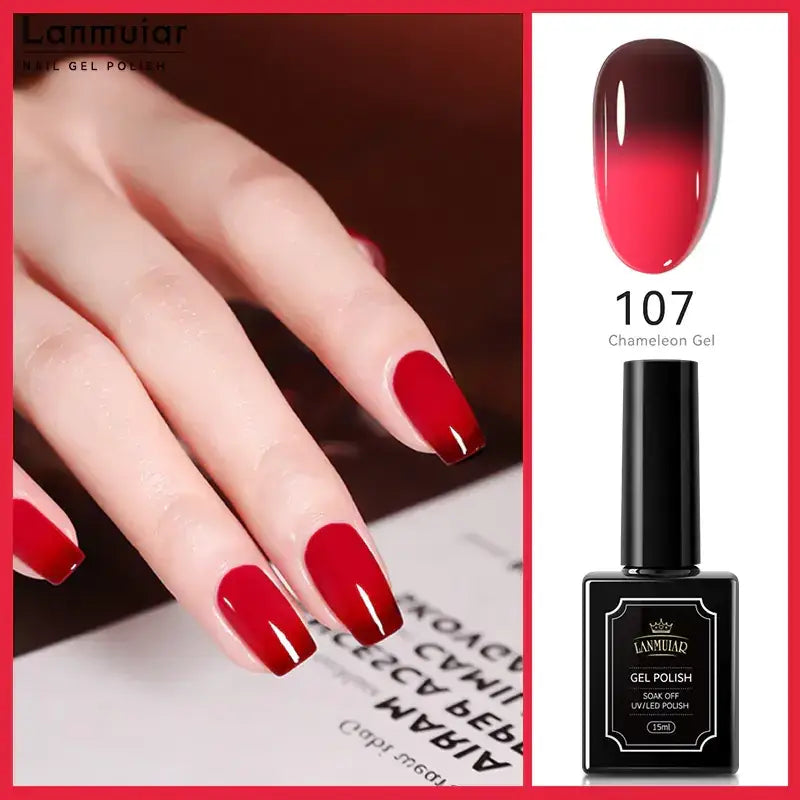 Lanmuiar 107 chameleon gel nail polish in a sleek black bottle with a glossy red-to-dark-red gradient finish.