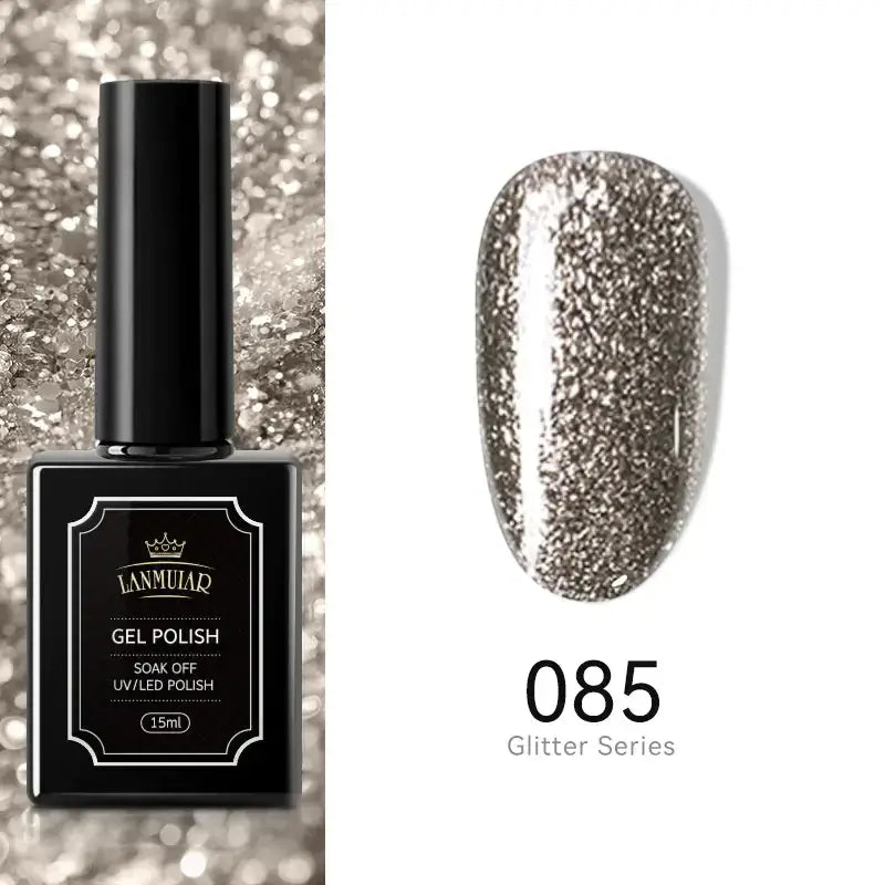 Black rectangular bottle of lammuiar gel polish, model 085 from the glitter series.