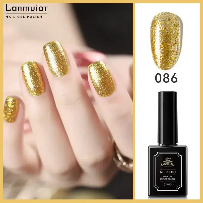 Lanmuiar 086 nail gel polish in a sleek black bottle with gold glitter finish.