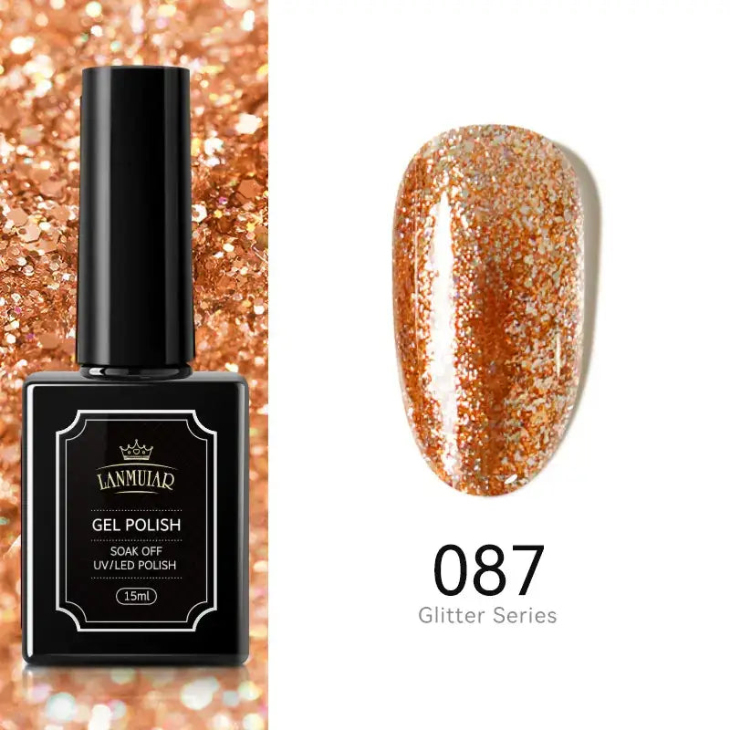 Black rectangular bottle of lammuiar gel polish, 15ml, from the glitter series in shade 087.